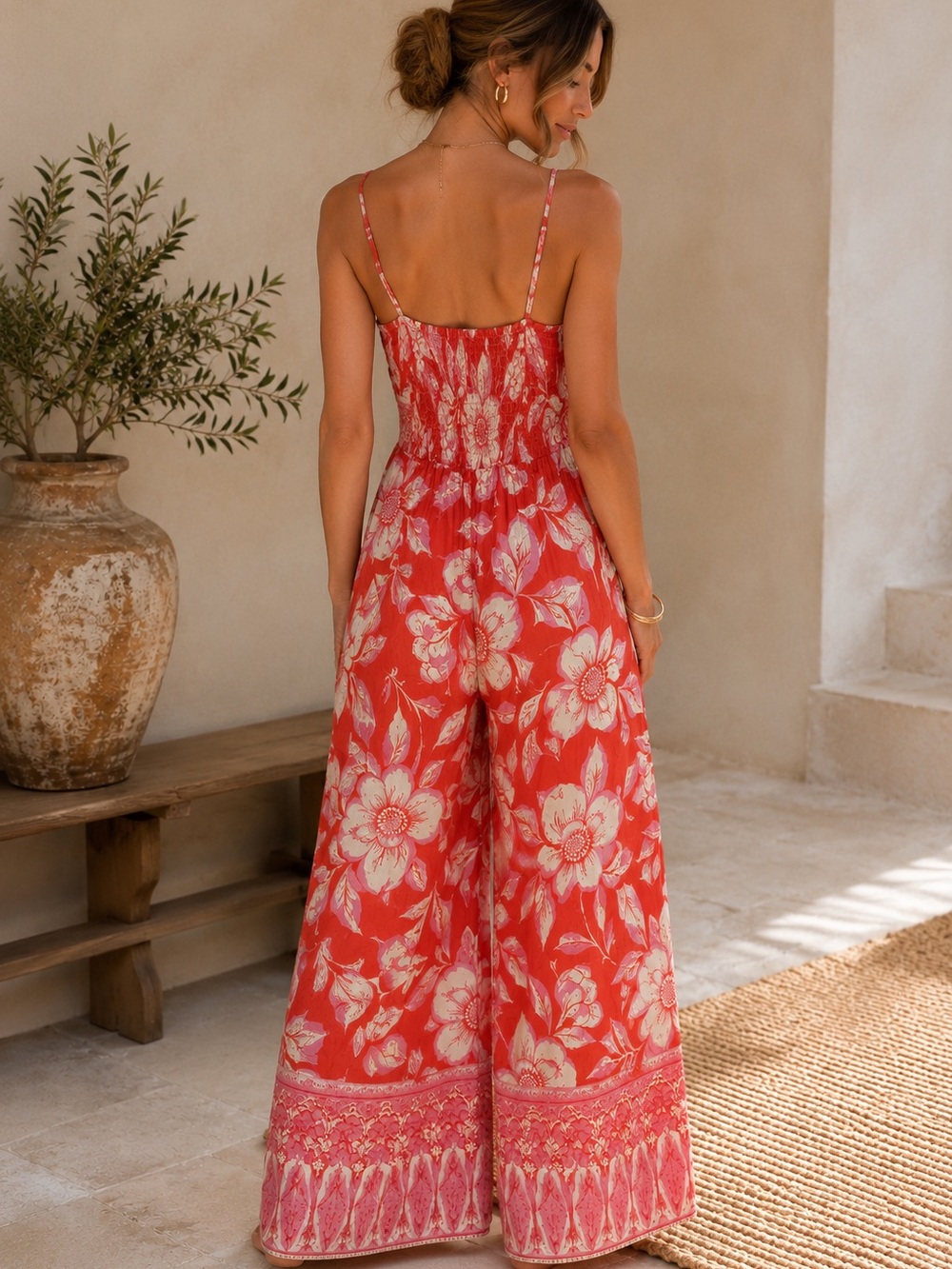NWT Angie Womens Coral Floral Tie Front Wide Leg Jumpsuit Medium - Picture 2 of 9